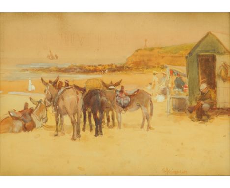 J. Atkinson, watercolour, beach scene with donkeys.  24 cm x 35 cm, framed, signed and dated 1907. CONDITION REPORT: The pain