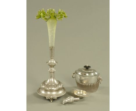 A Victorian silver plated single flute epergne, with green frosted glass flute, height 38 cm, a silver plated caddy, tea stra