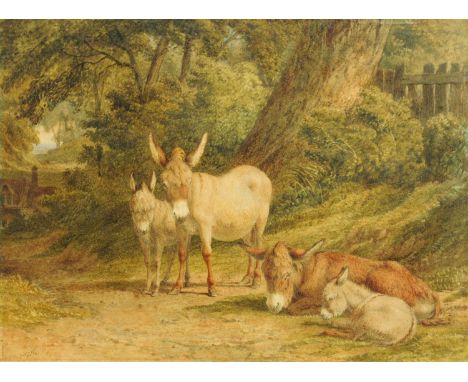 Robert Hills (1769-1844), watercolour, donkeys.  30 cm x 42 cm, signed and dated 1828. CONDITION REPORT: The overall frame di