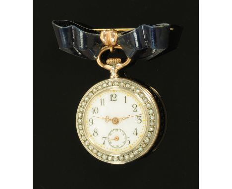 A Continental enamel and seed pearl brooch fob watch, circa 1900, the enamelled dial with subsidiary seconds dial framed by s