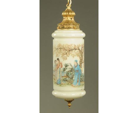 A cylindrical glass hall lantern, decorated with Oriental figural scenes.  Height 54 cm.