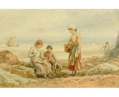 Style of Birket Foster, watercolour, fisher folk.  11 cm x 16.5 cm, singed with initials.   CONDITION REPORT: The painting is