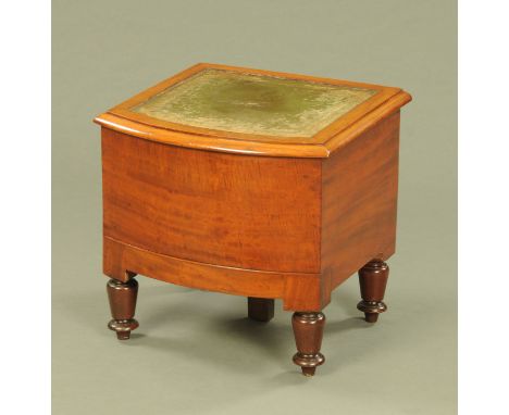 A Victorian mahogany commode, with pull out step, bow fronted and with green tooled leather top surface.  Width 48 cm, height