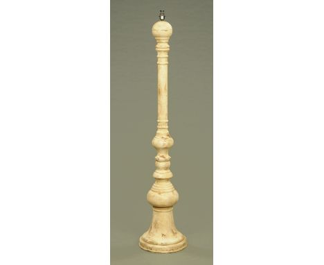A turned and painted wooden lamp standard, with circular base.  Height excluding light fitting 136 cm. 