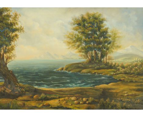 R. Lubos, oil on canvas, coastal scene with trees to foreground and town beyond, 60 cm x 83 cm, framed, signed and dated '47.