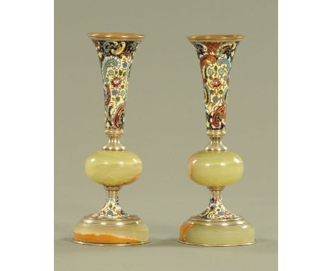 A pair of French champleve enamel and onyx vases.  Height 16 cm.
