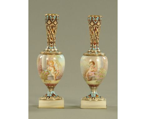 A pair of 19th century French champleve enamel and porcelain vases, each raised on an alabaster base, both signed, probably A