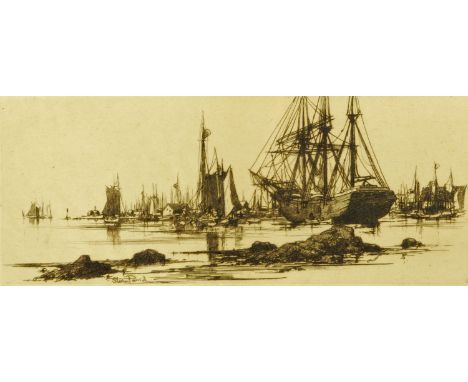 Stephen Parrish, engraving, coastal scene with vessels.  12 cm x 25 cm. CONDITION REPORT: The picture is framed in a typical 