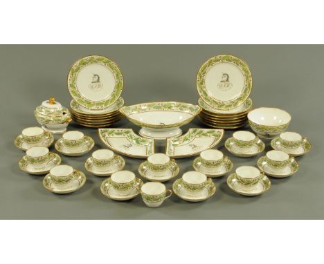A late 18th/early 19th century Copeland armorial tea service, with acorn and oak leaf border and unicorn to centre with initi