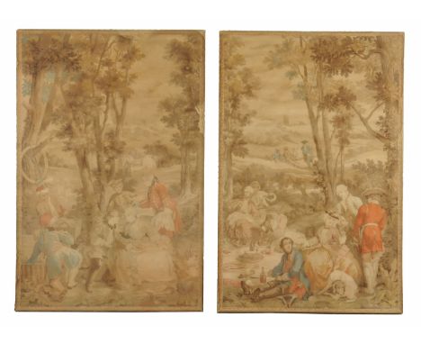 A pair of machine woven tapestry panels, 18th century style, rural scenes.  205 cm x 134 cm.