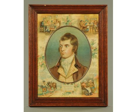 A pressed tin panel commemorating Robert Burns, with lithograph decoration of the Cottar's Saturday Night, Tam O'Shanter to a