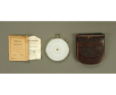 A Fowlers "Magnum" long scale calculator, with leather case and instruction booklet.  Diameter 11.8 cm.