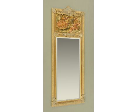 A large gilt framed mirror with tapestry panel above, giltwood and composition.  Height 230 cm, width 75 cm.  (507) CONDITION