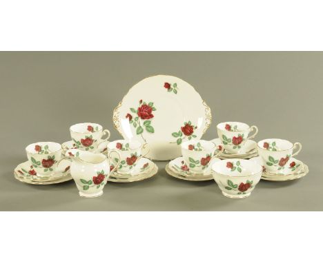 A Royal Standard Red Velvet pattern tea service, comprising 6 tea cups and saucers, 6 plates, milk jug, sugar basin and a san