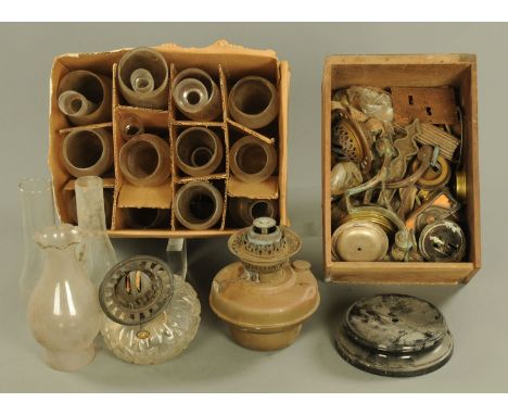 Miscellaneous oil lamp fittings, including chimneys, reservoirs, burners, etc. 