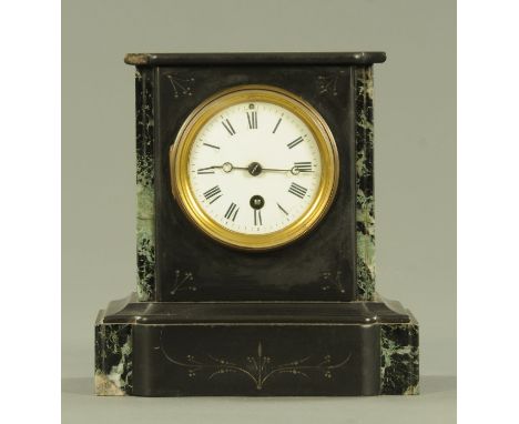 A 19th century polished black slate and green marble mantle clock, with single train movement, 20 cm wide, 21.5 cm high.