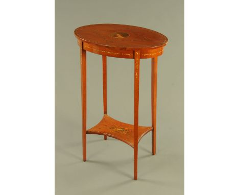 An Edwardian satinwood Sheraton Revival oval occasional table, painted with floral swags and ribbons raised on legs of square