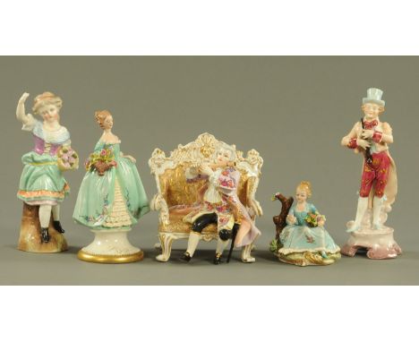 Five Continental porcelain figures, including Capodimonte, seated musician, etc.  Tallest 21 cm.