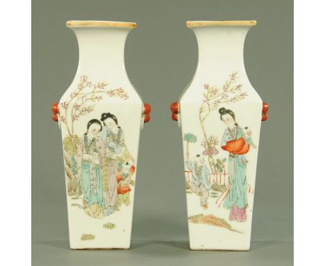 A pair of Chinese porcelain square shaped vases, Republic period, painted on opposing side with females and children in garde