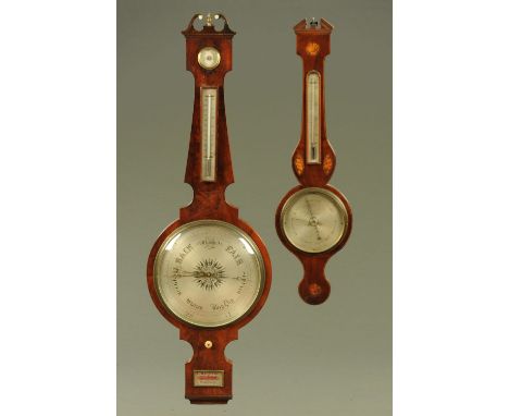 A country house oversized mahogany veneered barometer, the swans neck pediment with brass vase finial above dry damp scale, t