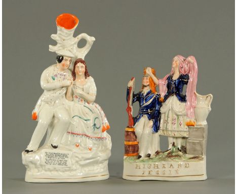 A Staffordshire pottery figure titled "Highland Jessie", circa 1850's, she modelled standing beside a ewer and seated beside 