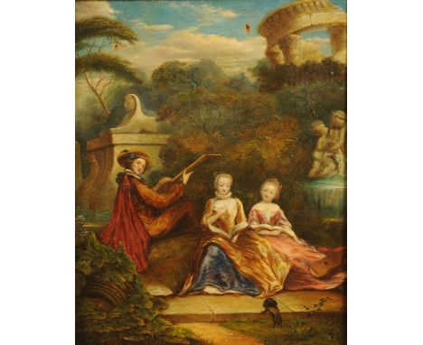 A 19th century oil painting on canvas, two young girls and musician in Classical garden.  34 cm x 25 cm, framed. CONDITION RE