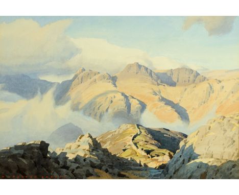 William Heaton Cooper (1903-1995) a watercolour "Above the Mist Langdale", 55 cm x 38 cm, framed, signed and various labels v