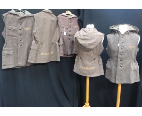 THOMAS CROWN: A RUSSIAN VINTAGE BROWN WOOL HOODED WAISTCOAT, chest size, circa 38" and four other similar waistcoats (5)