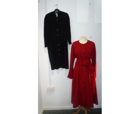 JEAN MUIR:  A VINTAGE 'A' LINE COAT DRESS in red with matching belt and another 'Jean Muir' button through dress with metal f