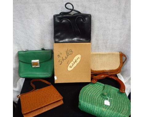 A WALDYBAG VINTAGE BLUE HANDBAG and a collection of four other vintage bags including a Harrods snakeskin bag (5)