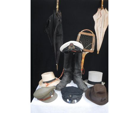 A PAIR OF VINTAGE SEA BOOTS and two umbrellas a Dunlop Tennis Racket and a collection of gentleman's vintage hats