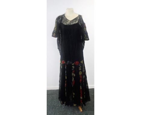 A 1930'S VINTAGE BLACK LACE TEA DRESS with floral silk inserts