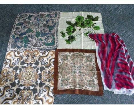 LIBERTY; A VINTAGE SILK HEAD SCARF and four other similar scarves, two signed 'Richard Allen'