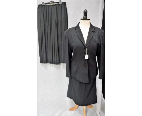 JAEGER CIRCA 1980:  A  ladies vintage two-piece jacket and skirt suit and a pair of black pleated 'Palazzo' trousers  