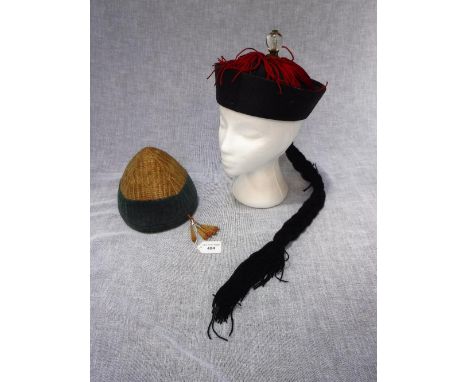 A CHINESE MANDARIN HAT with crystal and yellow metal finial and one other felt and Lurex Chinese Mandarin hat (2)