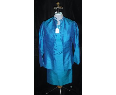 'MARY FAIR': VINTAGE, A TEAL COLOURED RAW SILK TWO- PIECE SUIT, circa 1960