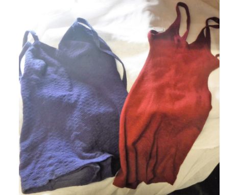JANTZEN:  A VINTAGE BLUE WOOL SWIMSUIT and another similar woollen swimsuit, circa 1950