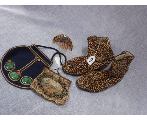 AN ART NOUVEAU STYLE FELT EVENING BAG, one other, a simulated tortoiseshell hair comb and a pair of boots