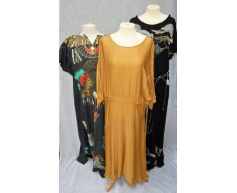 JANICE WAINWRIGHT: A GOLD COLOURED DAY DRESS with tie waist line and two other vintage dresses (3)