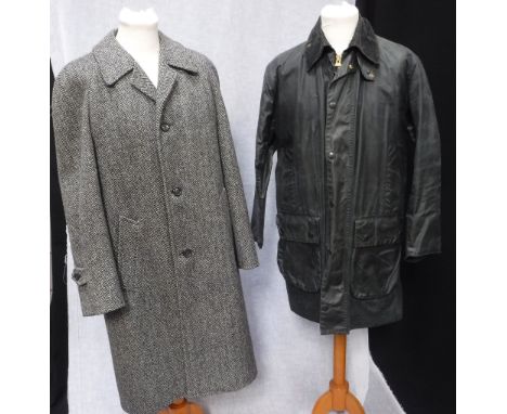 DUNN & CO:  A VINTAGE GREY TWEED COAT and a 'Barbour' wax jacket (2)