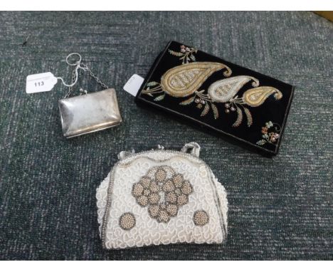 A WHITE METAL CHATELAINE PURSE and two decorated vintage evening bags (3) 