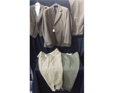 TWO PAIRS OF GENTLEMAN'S VINTAGE PLUS FOURS, size 42" and a three-piece suit from H C Bailey, Dorchester