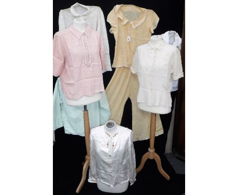 A PAIR OF 1920'S / 30'S LADIES PYJAMAS in floral yellow silk and a collection of similar vintage blouses 