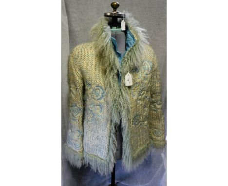 'ERMANNO': A vintage blue and cream knitted jacket, circa 1980