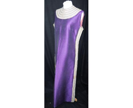 A GRECIAN DESIGN PURPLE FULL LENGTH VINTAGE DRESS with braided sides and neckline