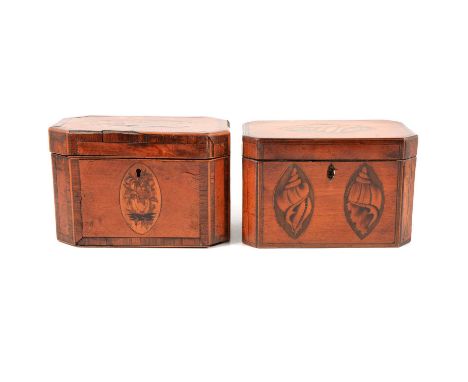 A George III satinwood and marquetry tea caddy with canted corners, banded outlines, navette shape panels with shell motifs, 