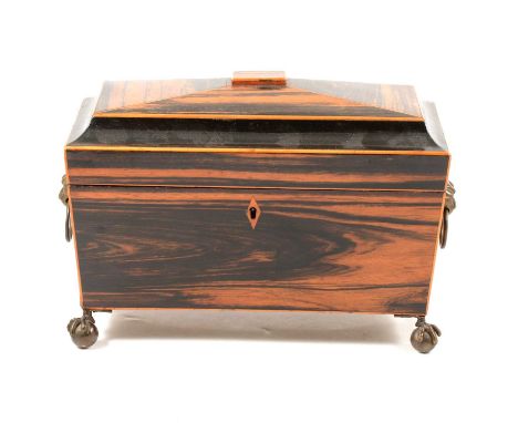 A Regency coromandel tea caddy of sarcophagus form, boxwood outlines, lion mask loose ring handles, talon and ball feet, fitt