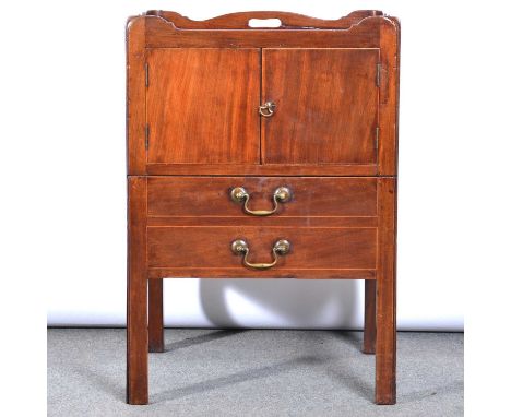 A George III mahogany night table, shaped gallery, fitted with two doors over a commode slide, width 54cm, depth 48cm, height