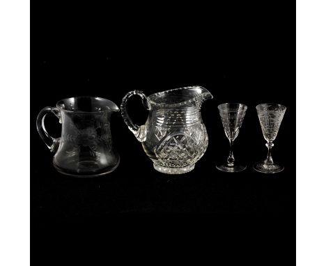 A small Victorian tavern rummer, 11cm; three other wine glasses; Victorian vase-shape caddy mixing bowl; two cut glass jugs a