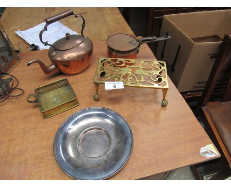  Sale Item:    BOX LOT CANDLE TRAY COPPER POT E P PLATE TRIVET & KETTLE  Vat Status:   No Vat   Buyers Premium:  This lot is 